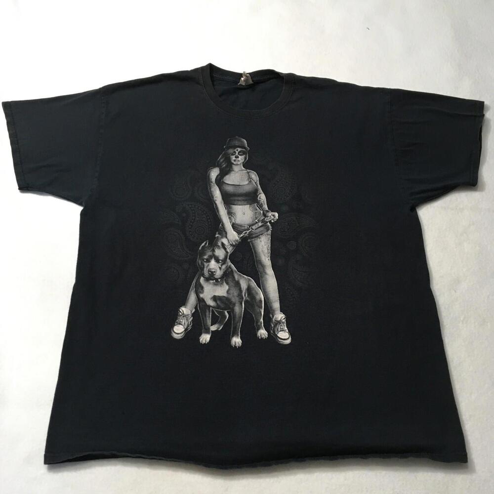Vintage black T shirt Size XL Fruit of the Loom bull dog pitbull chcana lady